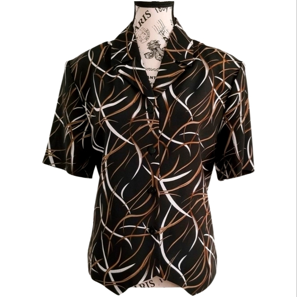 Vintage 90s Traditions Black Tan White Abstract Print Blouse – NWT – Size Large